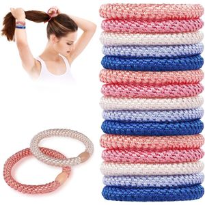 15 stuks elastische haarelastiekjes - roze en blauw, katoen geweven zacht voor dames en meisjes, zonder schade