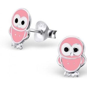 Aramat jewels ® - 925 sterling zilveren oorbellen roze uil emaille