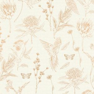 Vogels behang Profhome 394291-GU vliesbehang hardvinyl warmdruk in reliëf licht gestructureerd met bloemen patroon mat wit bruin beige oranje 5,33 m2