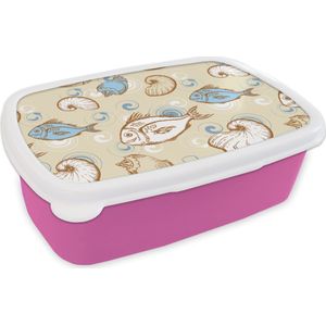 Broodtrommel Roze - Lunchbox - Brooddoos - Vis - Schelpen - Pastel - Design - Vintage - 18x12x6 cm - Kinderen - Meisje