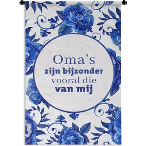 Wandkleed - Wanddoek - Tegeltje - Delfts blauw - Oma - Bloemen - 90x135 cm - Wandtapijt