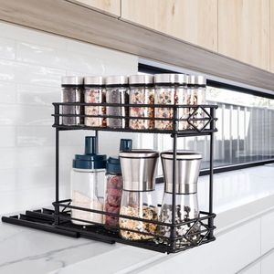 kruidenrek organiser 2 niveaus, Kruidenrek zonder boren met 3 haken Roestvrij staal kruidenrek uitschuifbaar Opbergrek Kruidenrek voor kastje, keuken, flessen, potjes 26×11×22cm