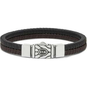 SILK Jewellery - Zilveren Armband - Chevron - 157BBR.23 - bruin/zwart leer - Maat 23