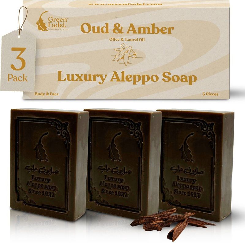 Green Fadel - Aleppo Zeep Luxe - Set van 3 Stuks - Olijfolie & Laurierolie - Geur van Oudh & Amber