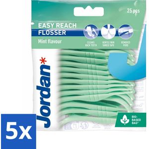 5 x Jordan - Flosser - Easy Reach - Munt Smaak - 25 Ragers - Flosser - Frisse Adem - Tandplak Verwijderen - Moeilijk Bereikbare Kiezen
