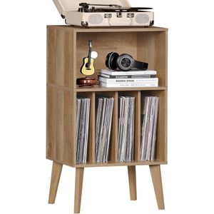 De moderne platenspeler standaard biedt plaats aan maximaal 160 albums, Mid-Century vinyl opberghouder, tafel met houten poten, platenspeler-kast-displayrek, eiken