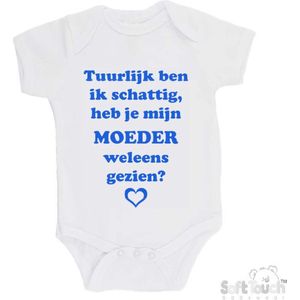 100% katoenen Romper ""Tuurlijk ben ik schattig, heb je mijn moeder weleens gezien?"" Jongens Katoen Wit/blauw Maat 62/68