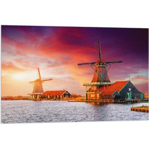 Vlag - Nederlandse Windmolens aan het Water onder Paars met Oranje Lucht - 90x60 cm Foto op Polyester Vlag