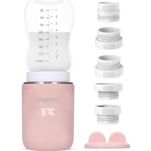 Lovinoo Flessenwarmer Pro 2024 – Flessenwarmer Onderweg - Draagbare Flessenwarmer - Babyvoeding – Flessenwarmers – 4 Temperatuurniveaus – Flesverwarmer - Flessenwarmer Draadloos – USB Oplaadbaar – Inclusief 5 Adapters - 13.200 mAh - Roze