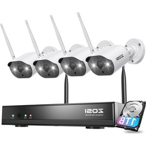 Spy Camera Bewakingscamera Set Outdoor WLAN met 8CH 1TB HDD NVR + 4X 3MP WiFi IP Beveiligingscamera 2-weg Audio Spotlight Alarm Kleuren Nachtzicht - Outdoor Beveiligingscamera - WLAN Camera