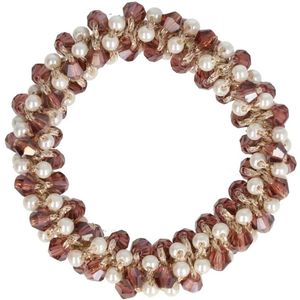 Haarsoires Haarelastiek – Bedekt met Facetkralen & Parelkralen – Bruin Wit