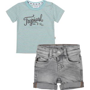 Koko Noko - Dirkje - Kledingset - Jongens - 2delig - Broek Short Grey Jeans - Shirt Groen met bruin streepje - Maat 86