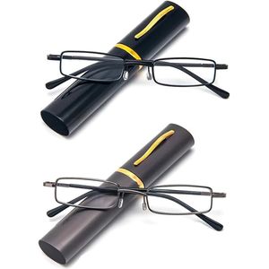 Twee-pack ultradunne metalen leesbrillen, geschikt voor zowel mannen als vrouwen, met een draagbaar draagtasje -1.0 dioptrie (zwart + grijs)
