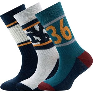 Ewers Kindersokken Ewers - Set / 3-Pack - Oker 36 & Band met Strepen & NY - Staalblauw & Donkerblauw & Lichtgrijs & Oker-27/30