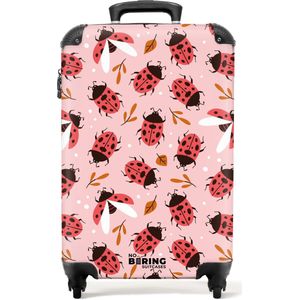 NoBoringSuitcases.com® - Kinderkoffer meisje - Kindertrolley meisjes - Rode lieveheersbeestjes op roze achtergrond - Handbagage koffer lichtgewicht - Reiskoffer trolley kinderen - Rolkoffer met wieltjes - Past binnen 55x40x20 en 55x35x25