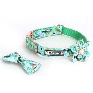 Luxe halsband hond - Set van 4 - Groene bloem - Maat L - Inclusief strik, bloem en riem
