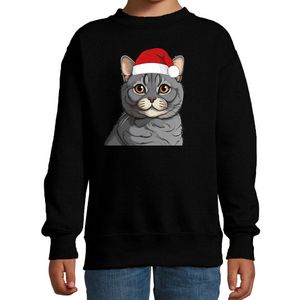 Bellatio Decorations Kersttrui / sweater kat/poes - kinderen - grijze kat/poes - zwart - kerstmuts - Kerstmis 98/104