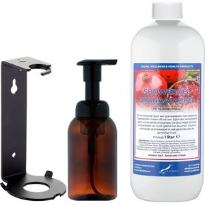 Zeepdispenser 300 ml amber bruin hervulbaar + 1 liter Showergel Granaatappel navulling (inclusief beugel)