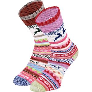 2 Paar Gebreide Wollen Sokken met Kleurrijk Patroon - Huissokken / Mix-4 / 35-38
