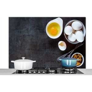 Spatscherm keuken 120x80 cm - Kookplaat achterwand Eieren - Bruine suiker - Koken - Muurbeschermer - Spatwand fornuis - Hoogwaardig aluminium