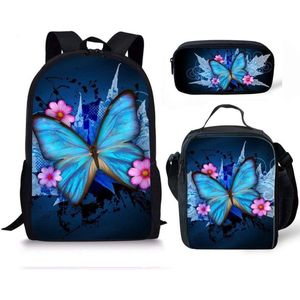 WonderStore© Vlinder-Butterfly-rugzak- Kinder rugtas en Pennen Etui met een bijhorende lunchtas - Blauw Schooltas - 16 liter