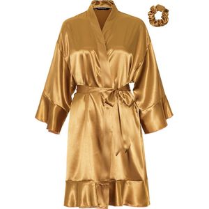 Satijnen kimono ruffle goud – kort model dames kimono – satijnen ochtendjas – satijnen kamerjas – negligé – onesize (36-42) – 100% satijn polyester – Satin Luxury – trendy kimono badjas – satijnen damesbadjas met ruffles – GRATIS haar crunchie