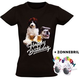 Happy birthday Dames T-shirt + bril - verjaardag - jarig - feest - bier - hond - dieren - grappig