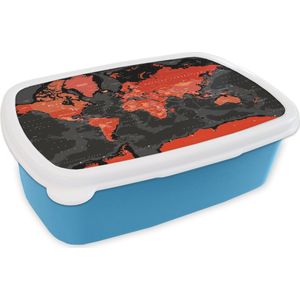 Broodtrommel Blauw - Lunchbox - Brooddoos - Wereldkaart - Rood - Zwart - Kind - Jongetjes - Meid - 18x12x6 cm - Kinderen - Jongen