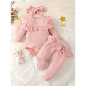 Baby Bodysuit, Broek en Hoofdband Set met Ruches - Herfst 9 Maanden - Baby Kleding Set voor Meisjes