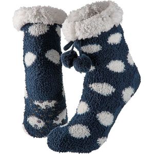 Dames anti-slip fleece huissokken/slofsokken one size blauw met witte stippen - Slaapsokken/bedsokken