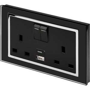 Dubbele 13A Wandcontactdoos Met USB - Zwart Glas - Geschakeld Met 2.1A USB-Poorten - Modern Design - CT 00663