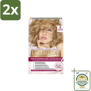 L'Oréal Excellence Crème Permanente Crèmekleuring 8 Lichtblond - Voordeelverpakking - 2 stuks - Haarverf - Grijsdekken