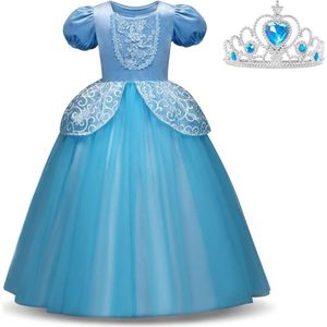 Assepoester jurk Deluxe Prinsessen jurk verkleedjurk 140-146 (140) blauw + blauwe kroon