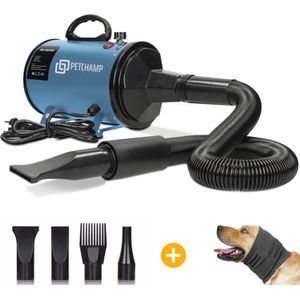 PetChamp Professionele Hondenföhn met 4 Opzetstukken - Waterblazer voor honden - Inclusief oorbeschermer en geluidsdemper - 2800W Power - Stil design - Blauw