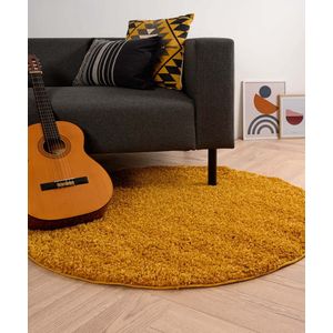 Rond hoogpolig vloerkleed shaggy Trend effen - okergeel 120 cm rond