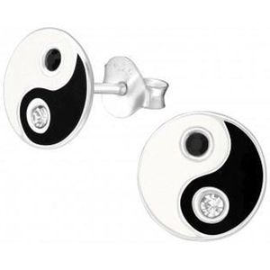 Oorbellen meisje | Zilveren kinderoorbellen | Zilveren oorstekers, yin yang, met onyx en kristal