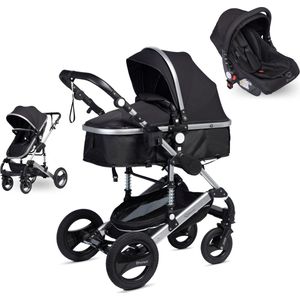 Bronea - EXQUISE Luxe multi-functionele kinderwagen 3 in 1 | Meerdere kleurcombinaties | Incl. MATRAS, Buggy, Autostoel, Luiertas, Regenhoes, Voetenwarmer, Muggen net & Zonneklep - Grijs/Zwart