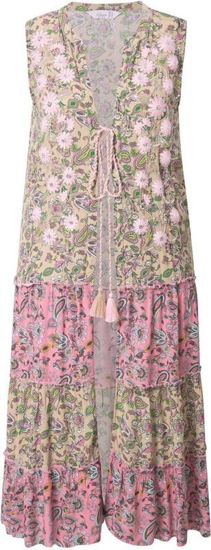 MIAMODA - Dames - Vest lange A-lijn bloemenborduursel patroonstrepen - Champagnebeige - Maat 46