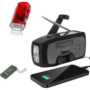 Nood Radio Op Batterijen (Accu) Voor Rampen - Knijpkat - Noodfluit - Radio Opwindbaar - Noodradio - Solar Opwindbaar - Multifunctionele Noodradio - Survival Radio - Zaklamp / Powerbank - Noodpakket - Noodpakket voor Thuis - Draagbare Radio - Zwart