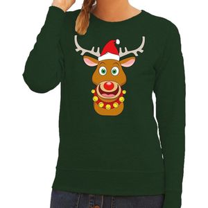 Foute kersttrui / sweater met Rudolf het rendier met rode kerstmuts groen voor dames - Kersttruien M