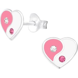 Joy|S - Zilveren hartje oorbellen - roze wit - yin yang - 8 mm