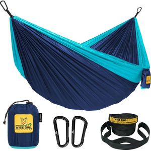 Hangmat - Outdoor hangmat voor 2 personen - Ultralichte rijsthangmat - Belastbaar tot 226 kg - Kampeeraccessoires - Incl. ophanging en karabijnhaak (marineblauw en lichtblauw)L