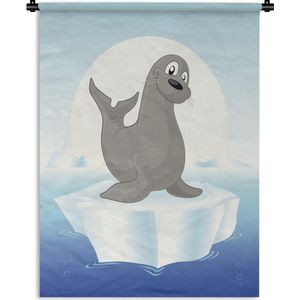 Wandkleed Zeeleeuw illustratie - Een illustratie van een zeeleeuw op een ijsschots voor een ijzig landschap Wandkleed katoen 150x200 cm - Wandtapijt met foto