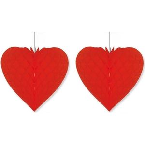 2x Rood honeycomb decoratie hart 28 cm - Feestversiering/bruiloftdecoratie/valentijnsdag