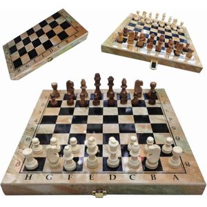 Shagam - 3-in-1 Set - 29 x 29 cm - Schaakbord - Dambord (8x8) - Backgammon - Hout - Met Schaakstukken - Opklapbaar - Schaakspel - Schaakset - Schaken - Chess - Damset
