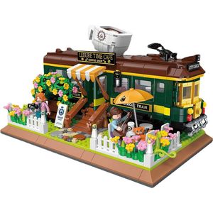 Ainy - Nanoblocks technic trein cafe classic bouwset / miniblocks creator miniatuur city huis met 4 minifigures poppetjes & bloemen / speelgoed geschenkset voor vrouw, man, kinderen en volwassenen | 1081 bouwstenen (niet compatibel met lego)