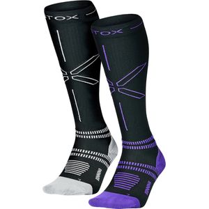 STOX Energy Socks - 2 Pack Hardloopsokken voor Vrouwen - Premium Compressiesokken - Kleuren: Zwart/Lichtgrijs en Zwart/Paars - Maat: Medium - 2 Paar - Voordeel