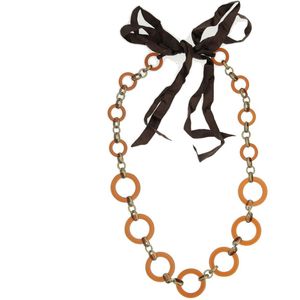 Behave Lange schakel ketting - ronde schakels bruin - goud kleur- met strik - 70 cm