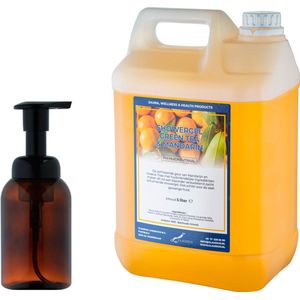 Zeepdispenser 300 ml amber bruin hervulbaar + 5 liter Showergel Green Tea & Mandarin navulling