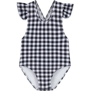 Supercute baby badpak geruit zwart wit met gekruiste bandjes en drukknopen maat 80/86